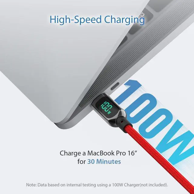 Alt view image 2 of 5 - SOOPII 100W USB C to USB C Cable,[10ft,2-Pack],Nylon Braided Fast Charging Cable with LED Display for lPhone 15/15 Pro/15 Plus,lPad Air,MacBook Pro, Galaxy S24/S23(Red)