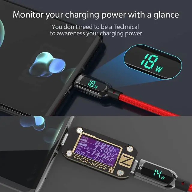 Alt view image 3 of 5 - SOOPII 100W USB C to USB C Cable,[10ft,2-Pack],Nylon Braided Fast Charging Cable with LED Display for lPhone 15/15 Pro/15 Plus,lPad Air,MacBook Pro, Galaxy S24/S23(Red)