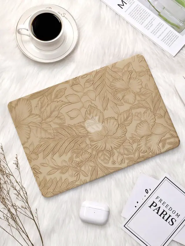 Alt view image 4 of 5 - Seorsok Compatible with MacBook Air 13 Inch Case 2022 2021 2020-2018 Release A1932 A2179 M1 A2337,Elegant Leaves Flowers Leather Plastic Hard Shell Case with Keyboard Cover,Apricot Blooming Floral