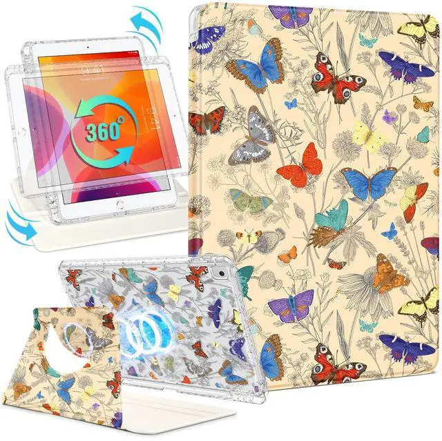 Main image of Shorogyt for iPad 9th/8th/7th Generation 10.2 Inch Case Magnetic Stand for Women - Cute Design 360 Degree Rotating Covers Girls Aesthetic with Pencil Holder for Apple i Pad 9/8/7 Gen,Butterflies