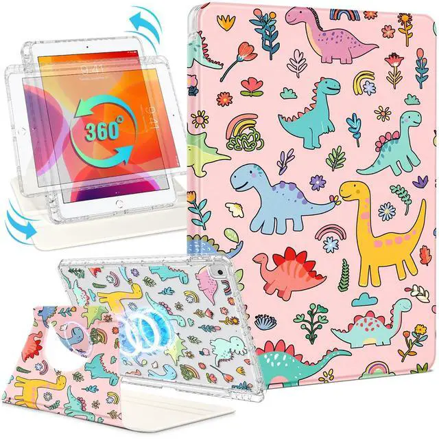Main image of Shorogyt for iPad 9th/8th/7th Generation 10.2 Inch Case Magnetic Stand for Women - Cute Design 360 Degree Rotating Covers Girls Kids Boys with Pencil Holder for Apple i Pad 9/8/7 Gen,Dinosaur