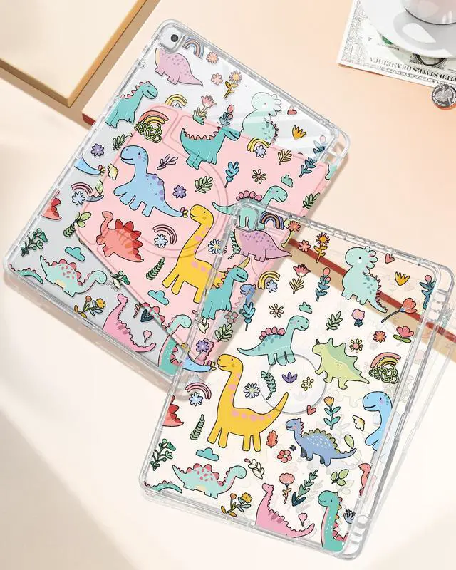 Alt view image 4 of 5 - Shorogyt for iPad 9th/8th/7th Generation 10.2 Inch Case Magnetic Stand for Women - Cute Design 360 Degree Rotating Covers Girls Kids Boys with Pencil Holder for Apple i Pad 9/8/7 Gen,Dinosaur