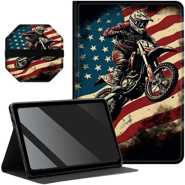 Main image of Slim Case for Amazon Fire Max 11 Tablet (13th Generation, 2023 Release) + 1 Screen Clean Pad, Multi-Angle Stand PU Leather Soft TPU Inner Case with Auto Wake/Sleep, Flag Motorbike