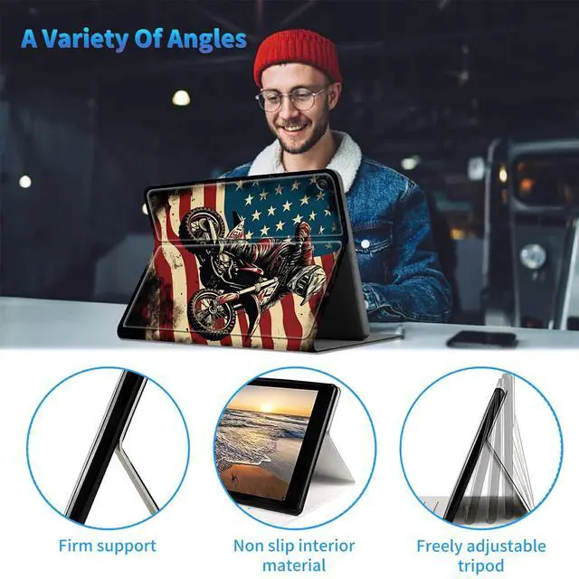 Alt view image 3 of 5 - Slim Case for Amazon Fire Max 11 Tablet (13th Generation, 2023 Release) + 1 Screen Clean Pad, Multi-Angle Stand PU Leather Soft TPU Inner Case with Auto Wake/Sleep, Flag Motorbike