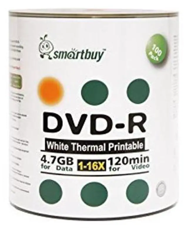 Main image of Smartbuy 100-disc 4.7gb/120min 16x DVD-R White Thermal Hub Printable Blank Media Recordable Disc