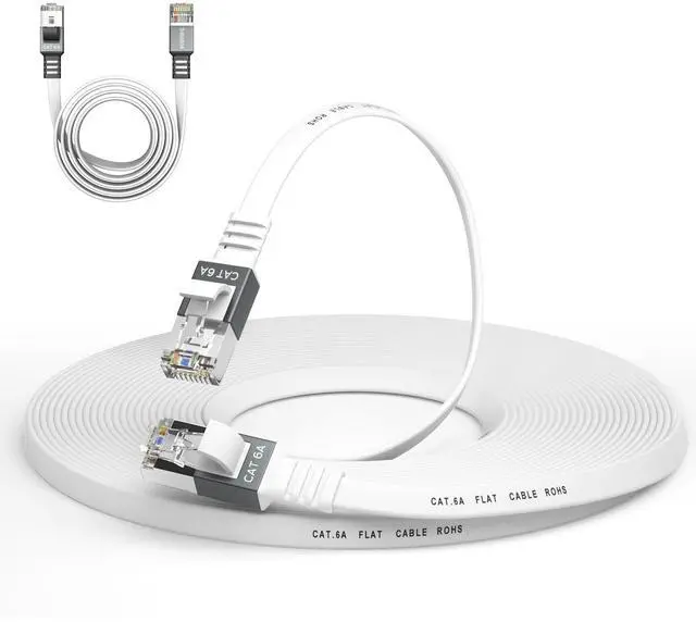 Main image of Cat 6a Ethernet Cable 100 Ft,Durable Flat Internet Network LAN Cable with 1.5Ft Short Patch Cord, Slim High Speed Gigabit Computer Wire with RJ45 Connectors, Faster Than Cat6/Cat5e/Cat5 Cable - White