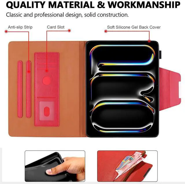 Alt view image 3 of 5 - Folio Case for iPad Pro 11-inch (M4) 2024 (5th Gen), Techcircle Anti-Slip Stand PU Leather Soft TPU Back Magnetic Smart Cover with Pencil Holder + Card Slots + Front Pocket, Auto Sleep/Wake, Red