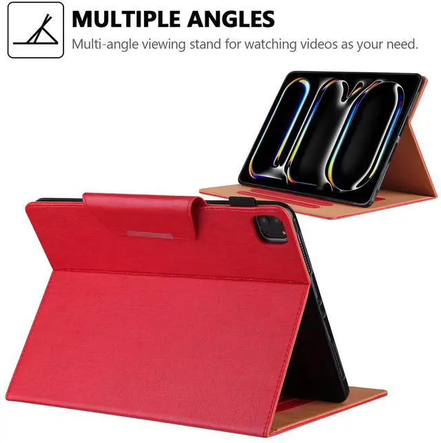 Alt view image 4 of 5 - Folio Case for iPad Pro 11-inch (M4) 2024 (5th Gen), Techcircle Anti-Slip Stand PU Leather Soft TPU Back Magnetic Smart Cover with Pencil Holder + Card Slots + Front Pocket, Auto Sleep/Wake, Red