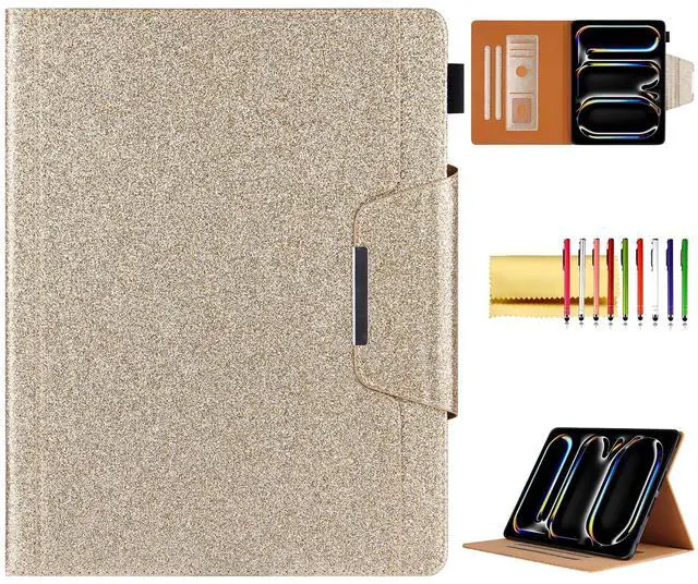 Main image of Glitter Case for iPad Pro 11-inch (M4) 2024 5th Generation, Techcircle Folio Stand Smooth Bling PU Leather Soft TPU Back Smart Cover with Pencil Holder & Card Pocket, Auto Sleep/Wake, Shiny Gold