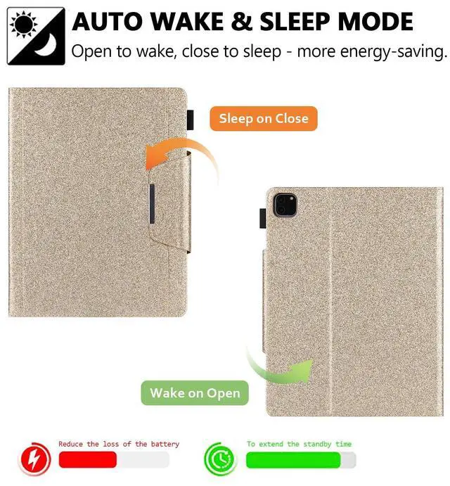 Alt view image 2 of 5 - Glitter Case for iPad Pro 11-inch (M4) 2024 5th Generation, Techcircle Folio Stand Smooth Bling PU Leather Soft TPU Back Smart Cover with Pencil Holder & Card Pocket, Auto Sleep/Wake, Shiny Gold