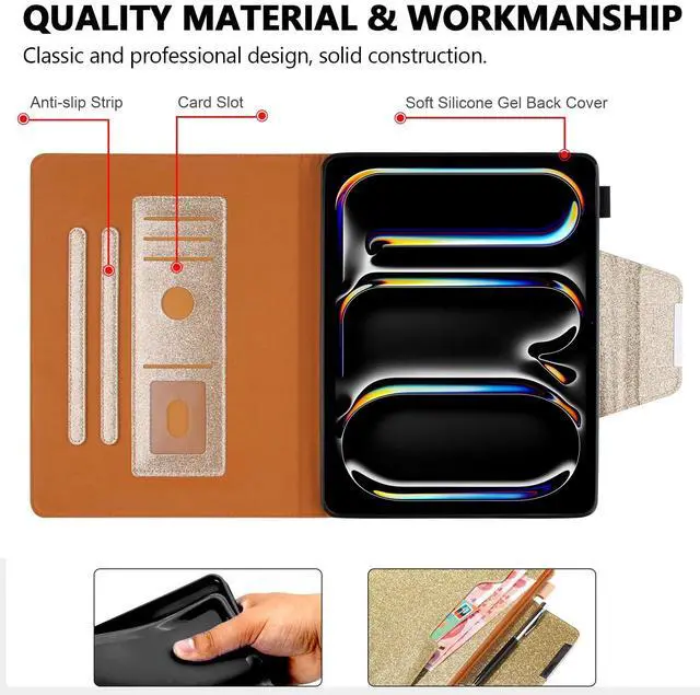 Alt view image 3 of 5 - Glitter Case for iPad Pro 11-inch (M4) 2024 5th Generation, Techcircle Folio Stand Smooth Bling PU Leather Soft TPU Back Smart Cover with Pencil Holder & Card Pocket, Auto Sleep/Wake, Shiny Gold