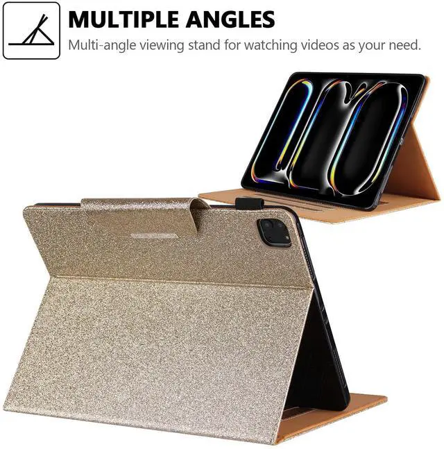 Alt view image 4 of 5 - Glitter Case for iPad Pro 11-inch (M4) 2024 5th Generation, Techcircle Folio Stand Smooth Bling PU Leather Soft TPU Back Smart Cover with Pencil Holder & Card Pocket, Auto Sleep/Wake, Shiny Gold