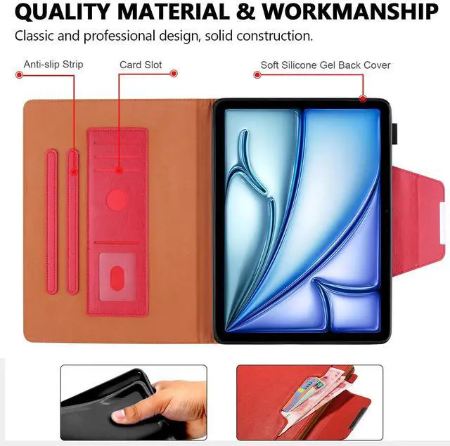 Alt view image 3 of 5 - Folio Case for iPad Pro 11 4th/3rd/2nd/1st Gen, iPad Air 11" M2, iPad Air 10.9" - Techcircle PU Leather Stand Soft TPU Back Magnetic Smart Cover with Pencil Holder + Card Slots + Front Pocket, Red