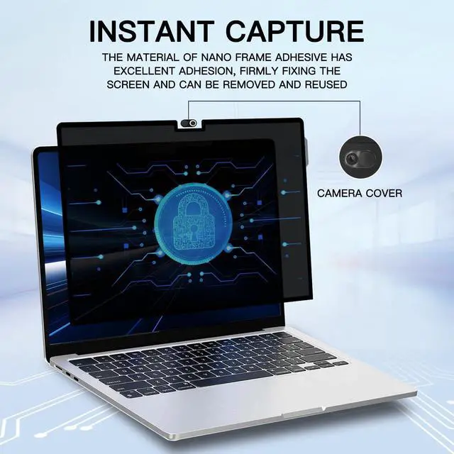 Alt view image 2 of 5 - Privacy Screen for Macbook Air 13.6 inch (2016-2023,M1,M2) Nano-frame Adhesive Screen Protect, Privacy Security Filter Adjustable Camera Cover, Film Matte Anti Glare Blue Light