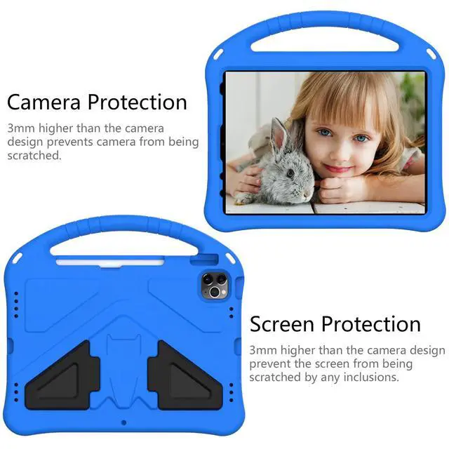 Alt view image 5 of 5 - Techcircle Kids Case for iPad Pro 11" 2022/2021/2020/2018, iPad Air 5th/4th Generation With Pencil Holder, Lightweight Shockproof EVA Foam Handle Stand Anti-Slip Grip Rugged, Blue