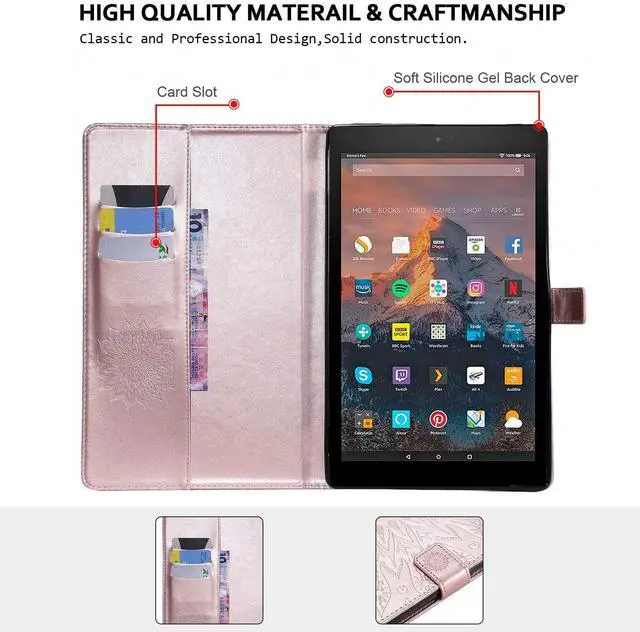 Alt view image 5 of 5 - Folio Case for Fire HD 10 (9th/7th/5th Generation, 2019/2017/2015 Release), Techcircle Sunflower Embossed Stand Protective Cover with Card/Cash Holder, for  Fire HD 10.1 Inch Tablet, Rose Gold