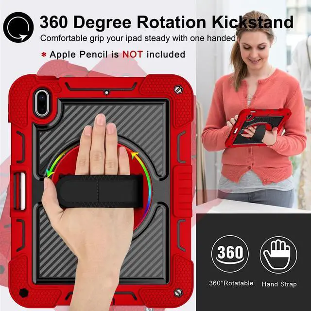 Alt view image 2 of 5 - Shockproof Case for iPad 10th Gen 2022, iPad (A16) 2025 11-inch Case with Shoulder Strap+Pencil Holder, Techcircle Heavy Duty Rotating Kickstand Hand Strap Rugged Protective Cover, Red