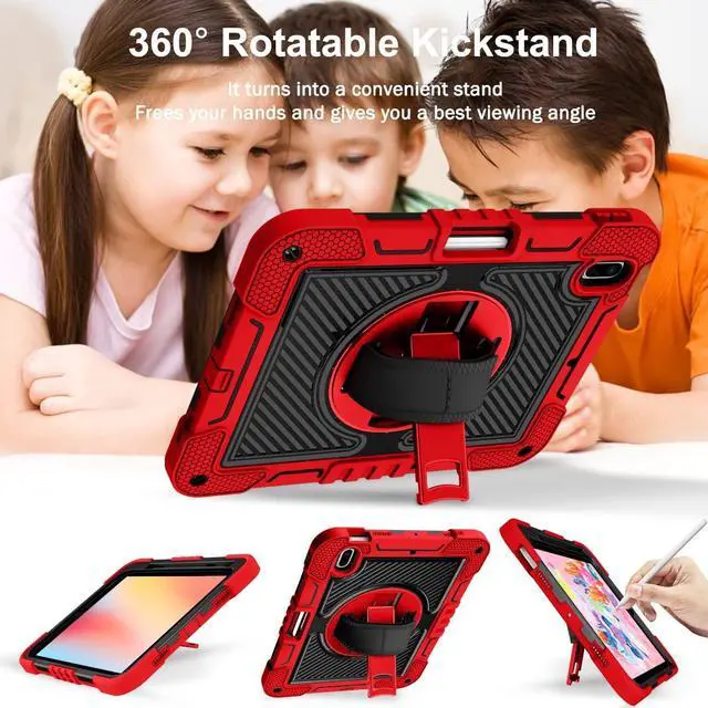 Alt view image 3 of 5 - Shockproof Case for iPad 10th Gen 2022, iPad (A16) 2025 11-inch Case with Shoulder Strap+Pencil Holder, Techcircle Heavy Duty Rotating Kickstand Hand Strap Rugged Protective Cover, Red