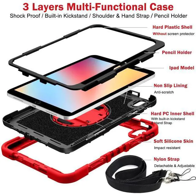 Alt view image 5 of 5 - Shockproof Case for iPad 10th Gen 2022, iPad (A16) 2025 11-inch Case with Shoulder Strap+Pencil Holder, Techcircle Heavy Duty Rotating Kickstand Hand Strap Rugged Protective Cover, Red