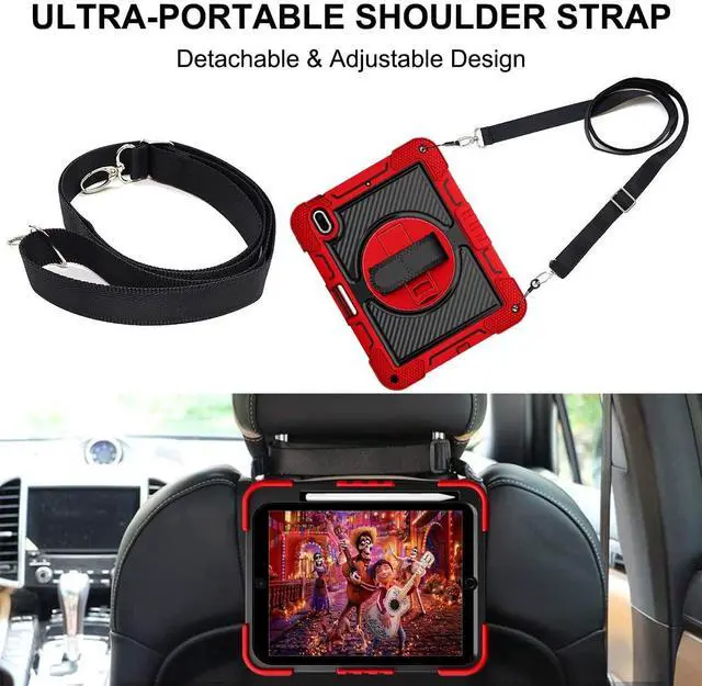 Alt view image 4 of 5 - Shockproof Case for iPad 10th Gen 2022, iPad (A16) 2025 11-inch Case with Shoulder Strap+Pencil Holder, Techcircle Heavy Duty Rotating Kickstand Hand Strap Rugged Protective Cover, Red