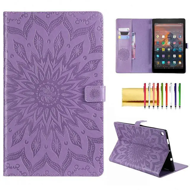 Main image of Folio Case for Fire HD 10 (9th/7th/5th Generation, 2019/2017/2015 Release), Techcircle Sunflower Embossed Stand Protective Cover with Card/Cash Holder, for Amazon Fire HD 10.1 Inch Tablet, Purple