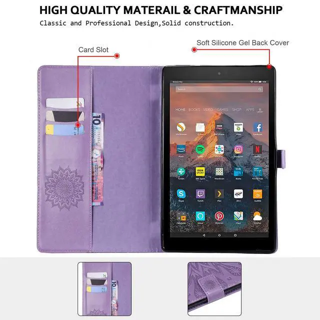 Alt view image 5 of 5 - Folio Case for Fire HD 10 (9th/7th/5th Generation, 2019/2017/2015 Release), Techcircle Sunflower Embossed Stand Protective Cover with Card/Cash Holder, for Amazon Fire HD 10.1 Inch Tablet, Purple
