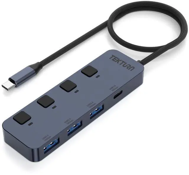 Main image of TEKTURN 4-Port USB-C Hub (10Gbps) with On/Off Switches, 1 USB-C & 3 USB-A Ports, Compatible with MacBook, iMac, iPad Pro, iPhone 16 Pro, Samsung S25 Ultra, iOS, Android & Windows