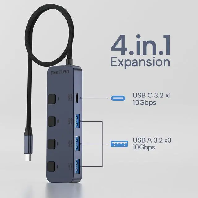 Alt view image 2 of 5 - TEKTURN 4-Port USB-C Hub (10Gbps) with On/Off Switches, 1 USB-C & 3 USB-A Ports, Compatible with MacBook, iMac, iPad Pro, iPhone 16 Pro, Samsung S25 Ultra, iOS, Android & Windows