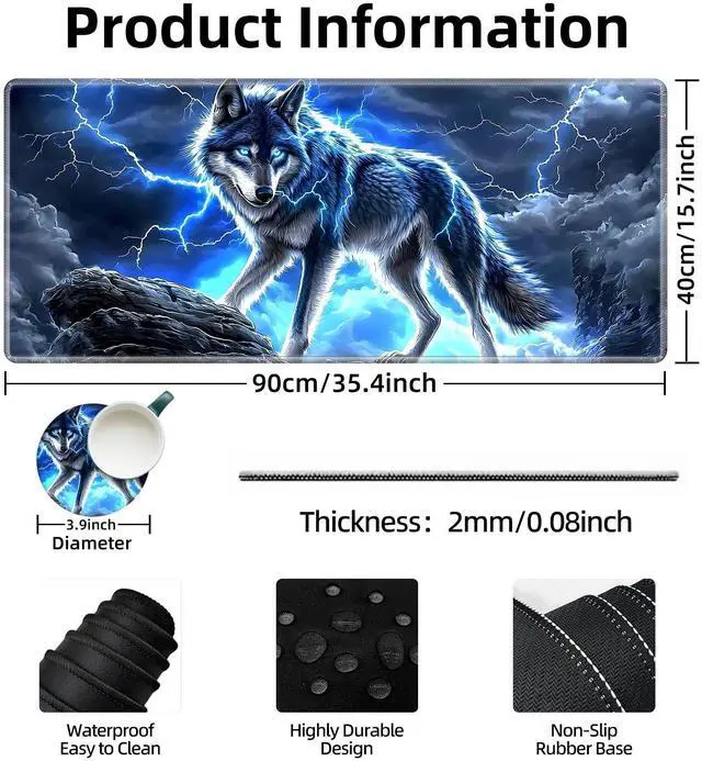 Alt view image 3 of 5 - Tudguiloae Large Gaming Mouse Pad with Coaster Edge Stitching Majestic Blue Wolf Keyboard Mouse Mat for Desk Household Extended Desktop Long Mouse Pad Polyester Surface and Non-Slip Rubber Base
