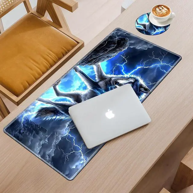 Alt view image 2 of 5 - Tudguiloae Large Gaming Mouse Pad with Coaster Edge Stitching Majestic Blue Wolf Keyboard Mouse Mat for Desk Household Extended Desktop Long Mouse Pad Polyester Surface and Non-Slip Rubber Base