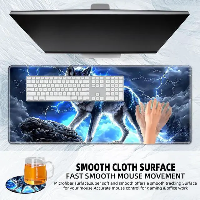 Alt view image 4 of 5 - Tudguiloae Large Gaming Mouse Pad with Coaster Edge Stitching Majestic Blue Wolf Keyboard Mouse Mat for Desk Household Extended Desktop Long Mouse Pad Polyester Surface and Non-Slip Rubber Base