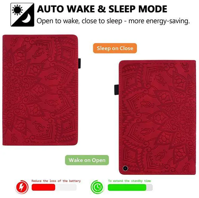 Alt view image 2 of 5 - Smart Case Compatible with Amazon Fire HD 10 (11th Gen) 2021, Techcircle Mandala Embossed PU Leather Folio Stand Soft TPU Back Cover Slim Lightweight Protective Case with Card Slots+Pen Holder, Red