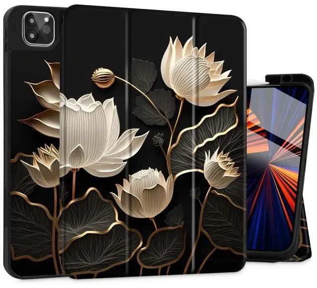 Main image of Tuiklol Case for iPad Pro 13 inch Generation 7th 2024 Release M4 Chip - Built in Support Pencil 2 / USB-C, Slim Protective Back Cover with Smart Trifold Stand Auto Wake/Sleep,White & Black Flowers
