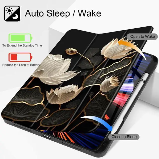 Alt view image 2 of 5 - Tuiklol Case for iPad Pro 13 inch Generation 7th 2024 Release M4 Chip - Built in Support Pencil 2 / USB-C, Slim Protective Back Cover with Smart Trifold Stand Auto Wake/Sleep,White & Black Flowers