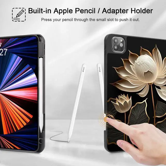 Alt view image 3 of 5 - Tuiklol Case for iPad Pro 13 inch Generation 7th 2024 Release M4 Chip - Built in Support Pencil 2 / USB-C, Slim Protective Back Cover with Smart Trifold Stand Auto Wake/Sleep,White & Black Flowers