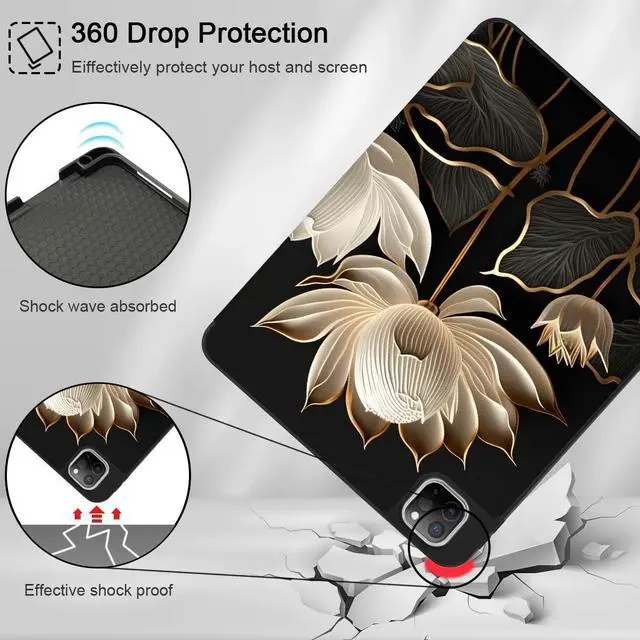 Alt view image 5 of 5 - Tuiklol Case for iPad Pro 13 inch Generation 7th 2024 Release M4 Chip - Built in Support Pencil 2 / USB-C, Slim Protective Back Cover with Smart Trifold Stand Auto Wake/Sleep,White & Black Flowers