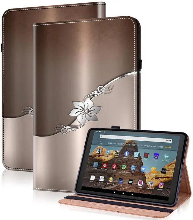 Main image of TUOLISG for Kindle Fire HD 10 Case 9th/7th/5th Generation 10.1 Inch (2019/2017/2015), PU Leather Wallet Cover with Pen Holder, Elastic Band & Card Slots for Kindle Fire HD 10 Case - Silver Flower