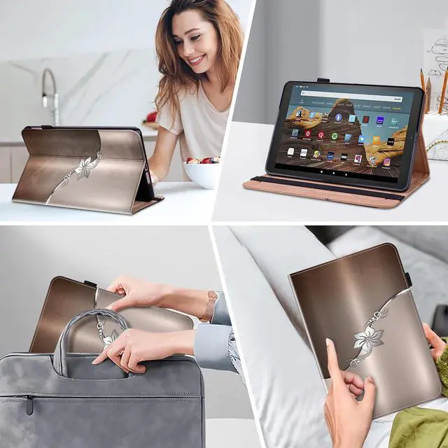 Alt view image 5 of 5 - TUOLISG for Kindle Fire HD 10 Case 9th/7th/5th Generation 10.1 Inch (2019/2017/2015), PU Leather Wallet Cover with Pen Holder, Elastic Band & Card Slots for Kindle Fire HD 10 Case - Silver Flower