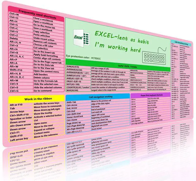 Main image of SHINYHARBOR Pink MS Excel Shortcut Mouse Pad Desk Mat,Large Excel Cheat Sheet Desk Pad,Spreadsheet Keyboard Mats Mousepad,Non-Slip Stitched Edge,Office Desk Essentials for Women,31.5 * 15.7 inch