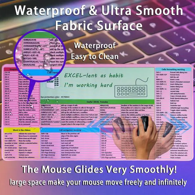 Alt view image 4 of 5 - SHINYHARBOR Pink MS Excel Shortcut Mouse Pad Desk Mat,Large Excel Cheat Sheet Desk Pad,Spreadsheet Keyboard Mats Mousepad,Non-Slip Stitched Edge,Office Desk Essentials for Women,31.5 * 15.7 inch
