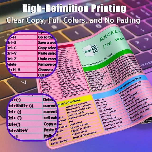 Alt view image 5 of 5 - SHINYHARBOR Pink MS Excel Shortcut Mouse Pad Desk Mat,Large Excel Cheat Sheet Desk Pad,Spreadsheet Keyboard Mats Mousepad,Non-Slip Stitched Edge,Office Desk Essentials for Women,31.5 * 15.7 inch