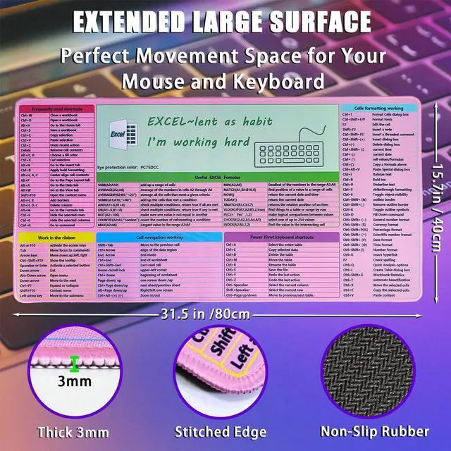 Alt view image 2 of 5 - SHINYHARBOR Pink MS Excel Shortcut Mouse Pad Desk Mat,Large Excel Cheat Sheet Desk Pad,Spreadsheet Keyboard Mats Mousepad,Non-Slip Stitched Edge,Office Desk Essentials for Women,31.5 * 15.7 inch