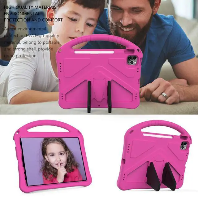 Alt view image 2 of 5 - Kids Case for iPad Pro 11" 2022/2021/2020/2018, iPad Air 5th/4th Generation Case with Pencil Holder, Techcircle Lightweight Shockproof EVA Foam Handle Stand Anti-Slip Grip Rugged Case, Rose