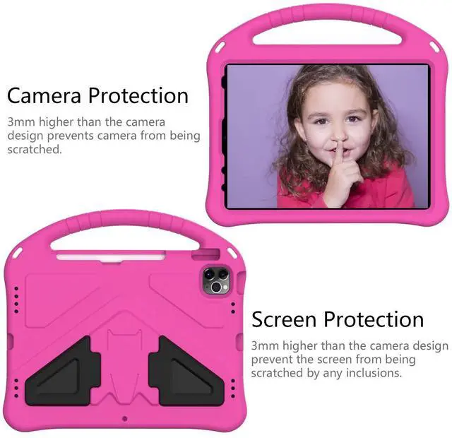 Alt view image 5 of 5 - Kids Case for iPad Pro 11" 2022/2021/2020/2018, iPad Air 5th/4th Generation Case with Pencil Holder, Techcircle Lightweight Shockproof EVA Foam Handle Stand Anti-Slip Grip Rugged Case, Rose