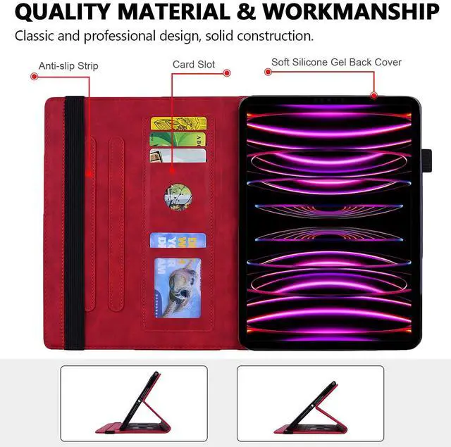 Alt view image 2 of 5 - Folio Case for iPad Pro 12.9" 2018-2022, iPad Air 13" (2025/2024) Case - Techcircle Stand Mandala Embossed PU Leather Soft Back Protective Cover w/Elastic Strap, Card Slots, Pencil Holder - Burgundy