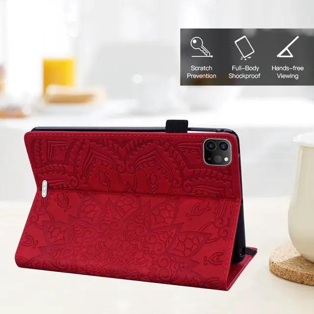 Alt view image 3 of 5 - Folio Case for iPad Pro 12.9" 2018-2022, iPad Air 13" (2025/2024) Case - Techcircle Stand Mandala Embossed PU Leather Soft Back Protective Cover w/Elastic Strap, Card Slots, Pencil Holder - Burgundy