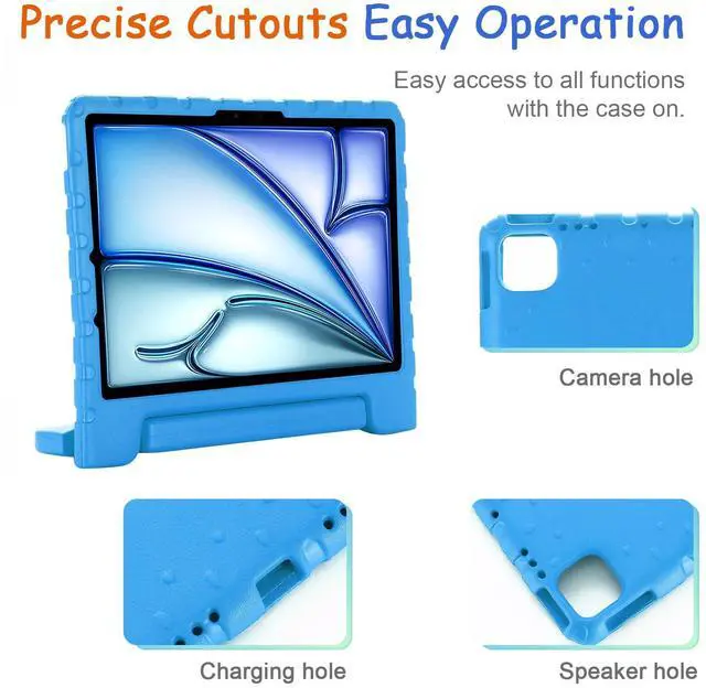Alt view image 4 of 5 - Kids Case for iPad Pro 11" 2024 & iPad Air 11" 2024/2025 Shockproof Case with Pencil Holder, Techcircle Rugged Handle Stand Lightweight EVA Foam Bumper Protective Child Drop Proof Cover, Blue