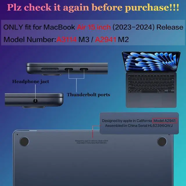 Alt view image 2 of 5 - [(CASE for MacBook Air 15 INCH)]  - Only Compatible with M3 M2 MacBook Air 15 inch 2023 2024 Release with Liquid Retina Display & Touch ID, Model: A3114/A2941.