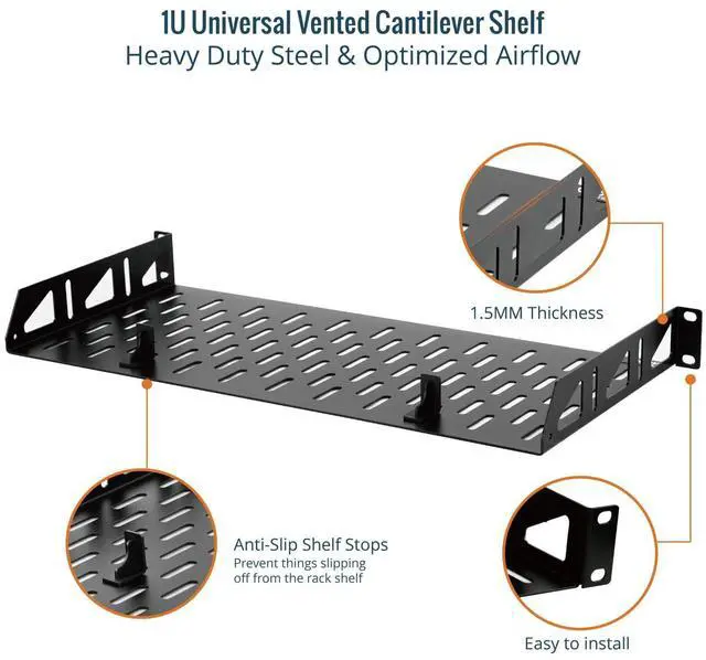 Alt view image 3 of 5 - Tecmojo 1U Rack Shelf,19 inch Rack Shelf 8 inch Depth,Rack Mount Shelf with Anti-Slip Stops,Server Rack Shelf and Network Shelf for 19 in Equipments, 55lbs Capacity of Vented 1U Shelf,Black,No Lip