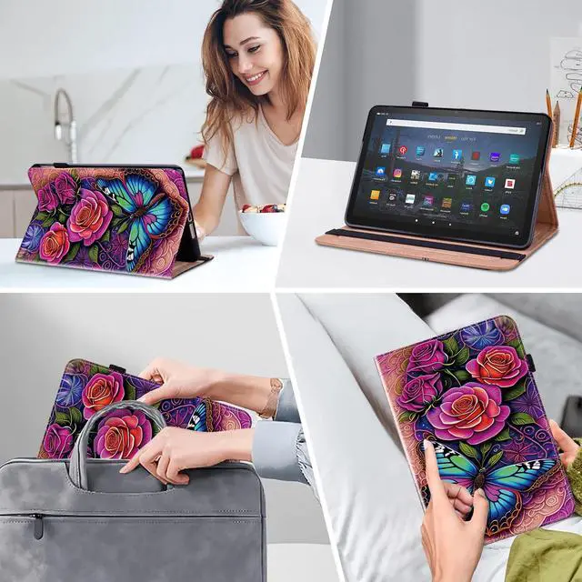 Alt view image 5 of 5 - Case for Kindle Fire HD 10 & 10 Plus Tablet (13th/11th Generation, 2023/2021 Release) 10.1" - PU Leather Flip Case with Elastic Band & Card Slots/Holder, Multi-Angle Stand Cover - Colorful Butterfly